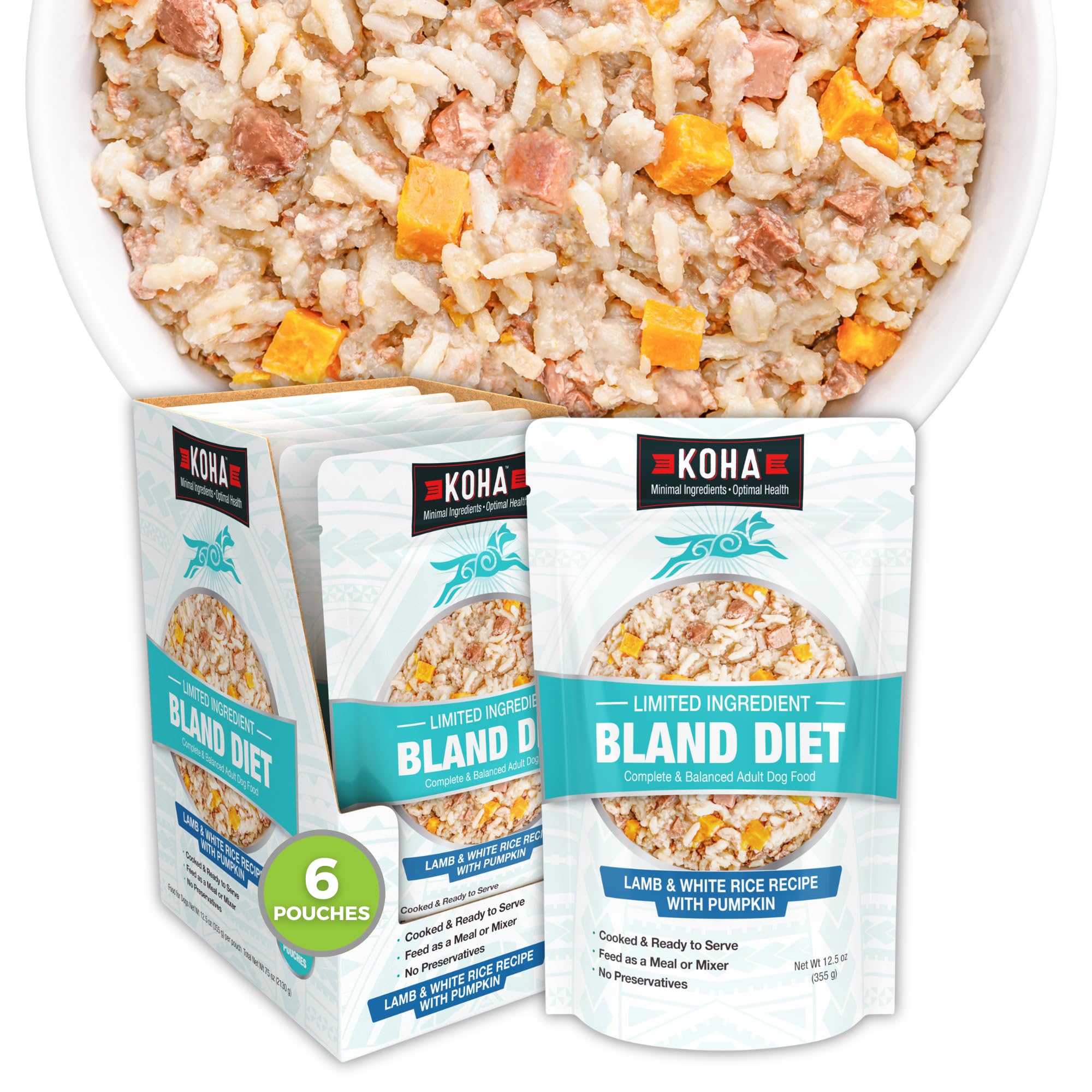 KOHA Pet Bland Diet lamb and white rice wet food pack, easy-to-digest option.