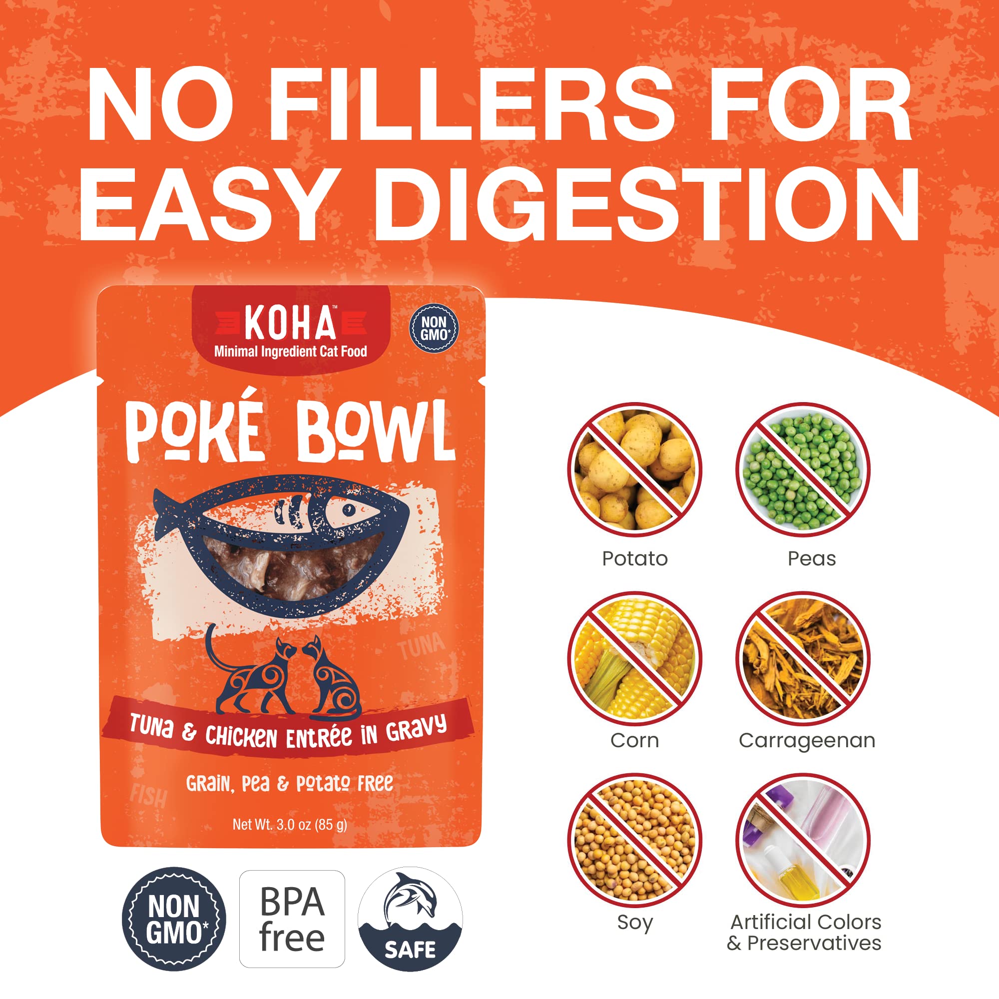 KOHA Poke9 Bowl package front highlights BPA-free pouch and dolphin-safe commitment.