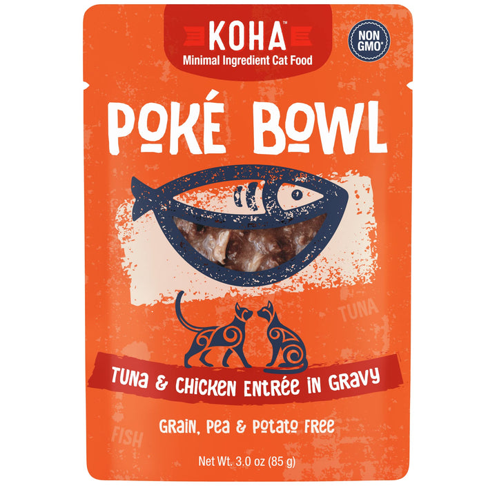 KOHA Poke9 Bowl tuna-chicken in gravy cat entree close-up showing juicy texture for hydration.