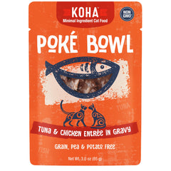 KOHA Poke9 Bowl tuna-chicken in gravy cat entree close-up showing juicy texture for hydration.