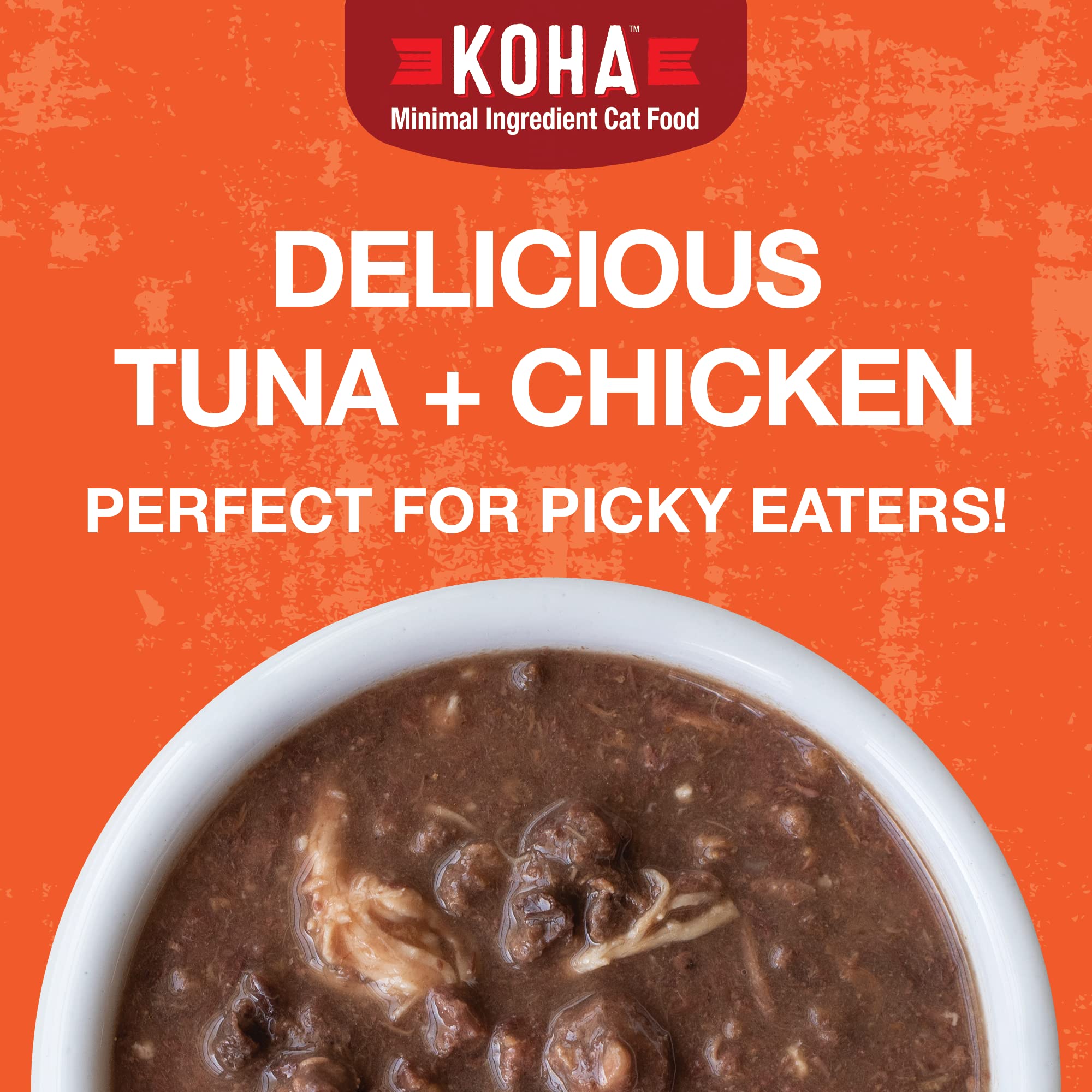 KOHA Poke9 Bowl tuna and chicken in gravy cat entree; non-GMO ingredients, BPA-free packaging.