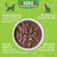 KOHA Poké Bowl pack label focuses on non-GMO, dolphin-safe ingredients for mindful pet owners.