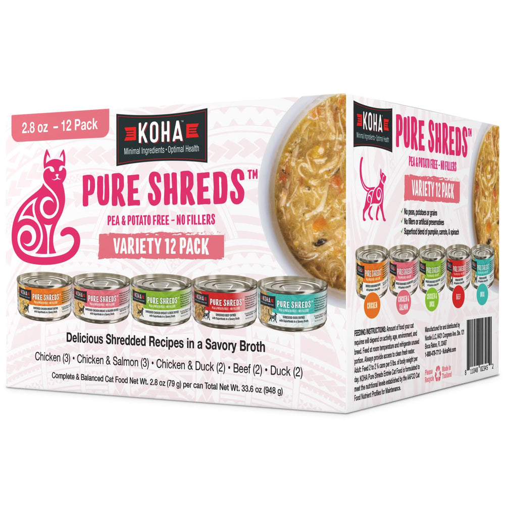 KOHA Pure Shreds beef can in savory broth, appealing texture for picky cats
