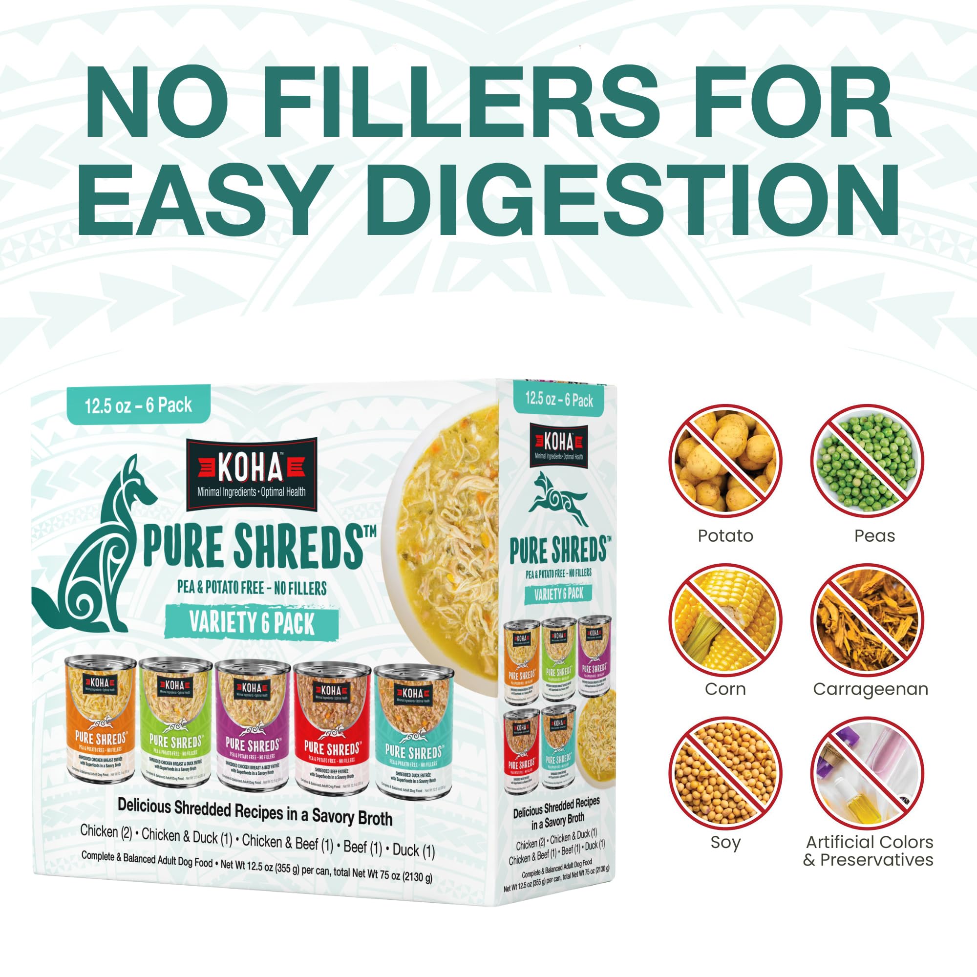 KOHA Pure Shreds chicken & beef cans balance meals.