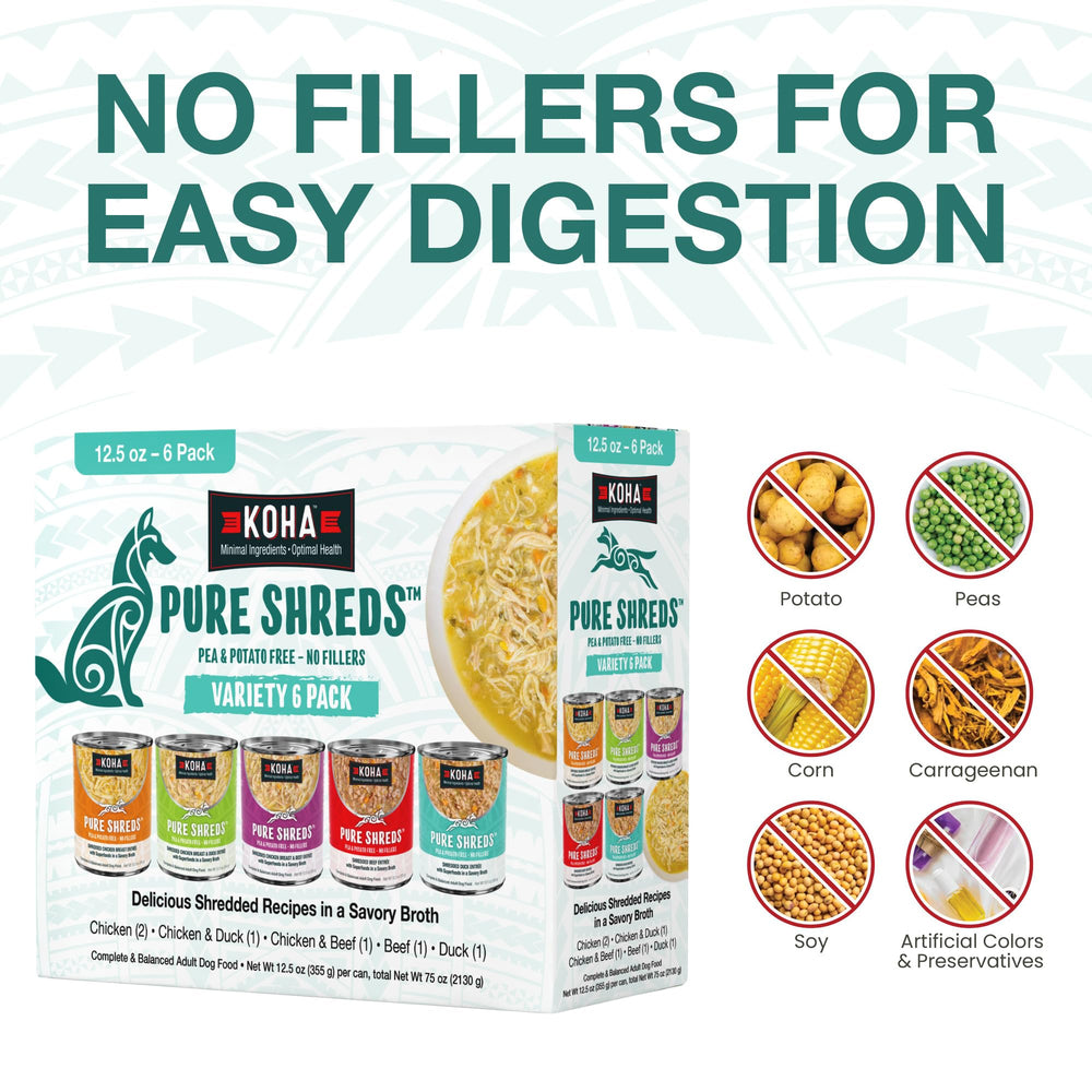 KOHA Pure Shreds chicken & beef cans balance meals.