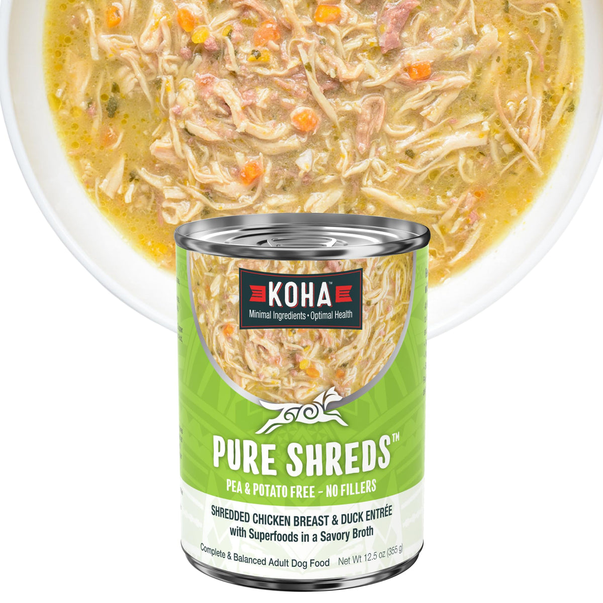KOHA Pure Shreds broth pour showing appetizing texture for dogs