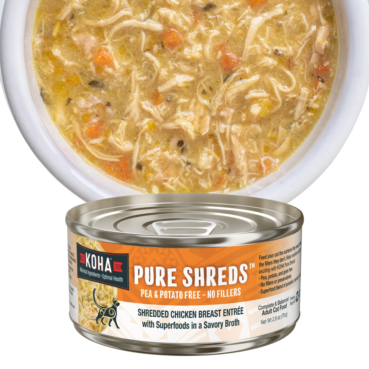 KOHA Pure Shreds chicken entree closeup reveals high-protein shredded texture for cats