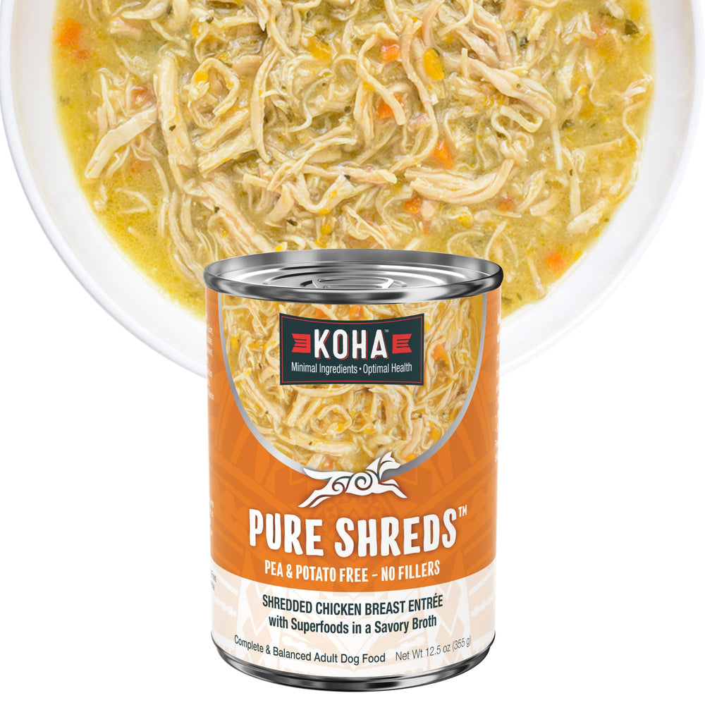 KOHA Pure Shreds Chicken Entrée in a bowl with shredded texture for easy digestion