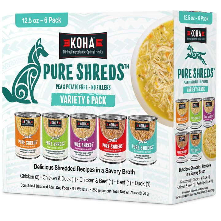 KOHA Pure Shreds variety pack cans show five flavors for happy, palatable meals.
