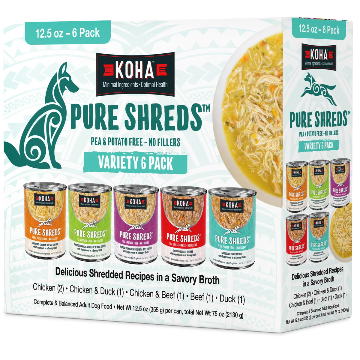 KOHA Pure Shreds variety pack cans show five flavors for happy, palatable meals.