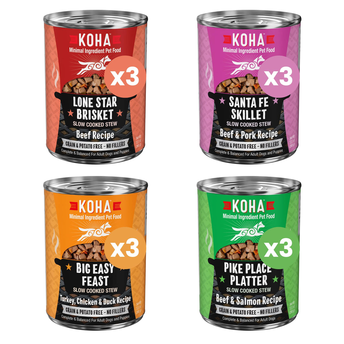 KOHA slow cooked stews variety pack cans in savory gravy ideal for boosting meal appeal for dogs