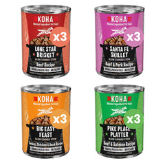 KOHA slow cooked stews variety pack cans in savory gravy ideal for boosting meal appeal for dogs