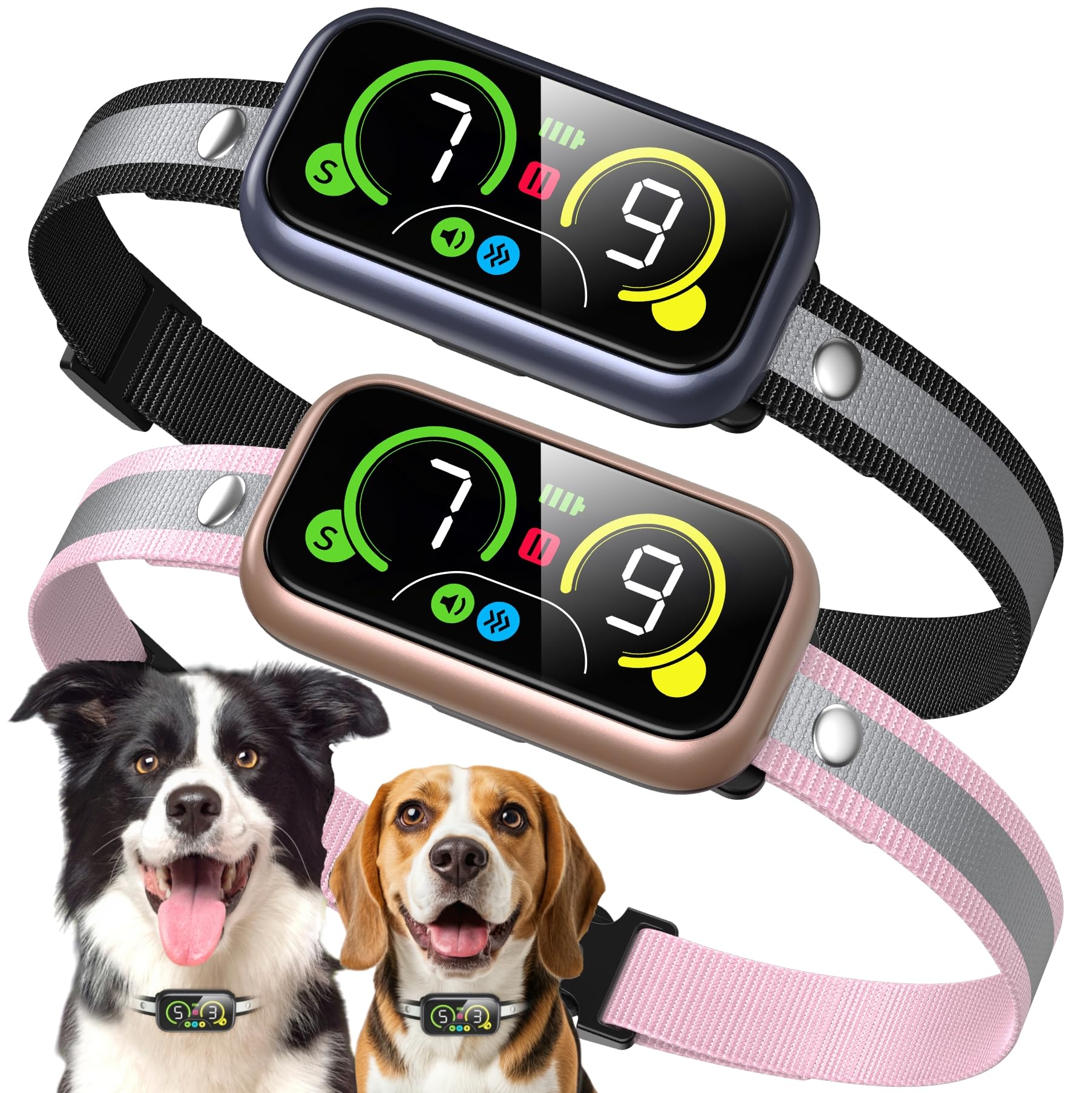 Kollgux Dog Bark Collar Pro front view with adjustable strap for dogs of all sizes, promotes calm training.