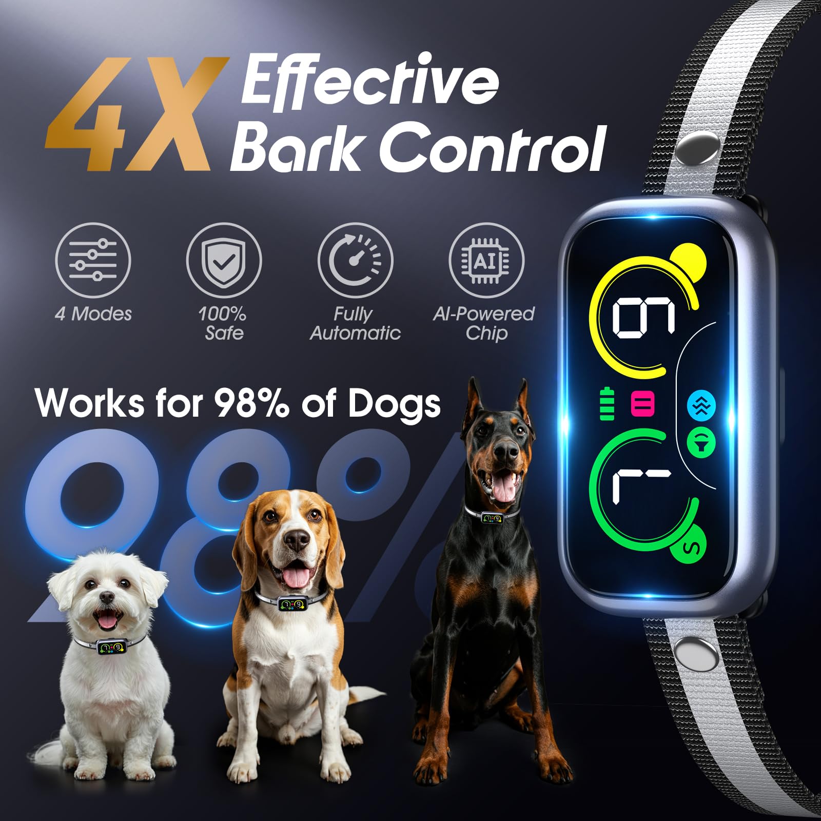 Kollgux bark collar side view highlighting adjustable training modes for any dog.