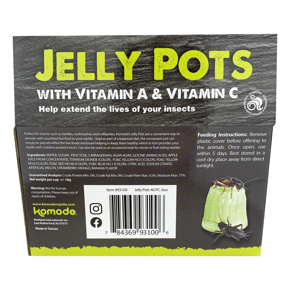 Komodo Jelly Pots inside a live enclosure demonstrating easy feeding setup