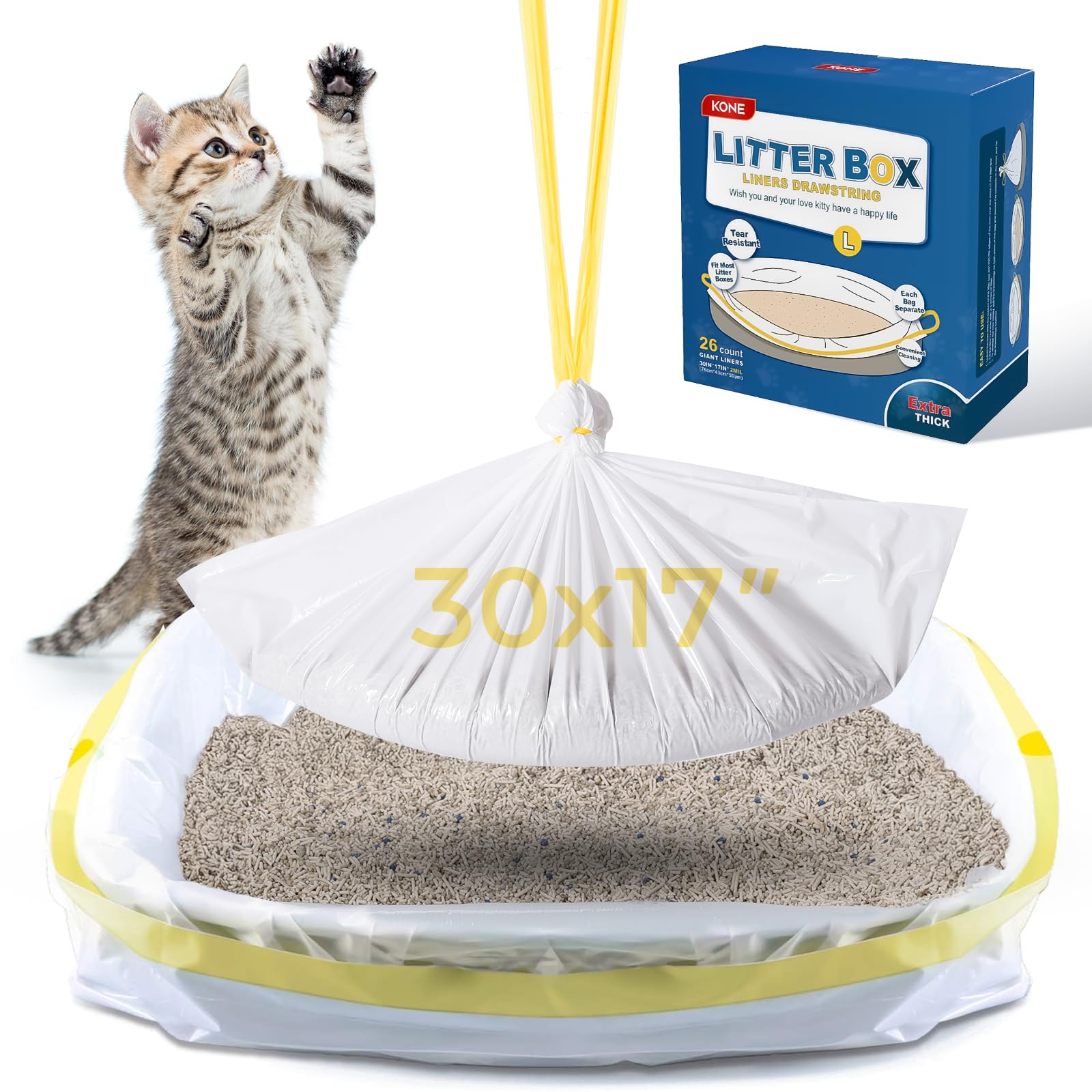 KONE cat litter box liner with durable drawstring for leak-free disposal.
