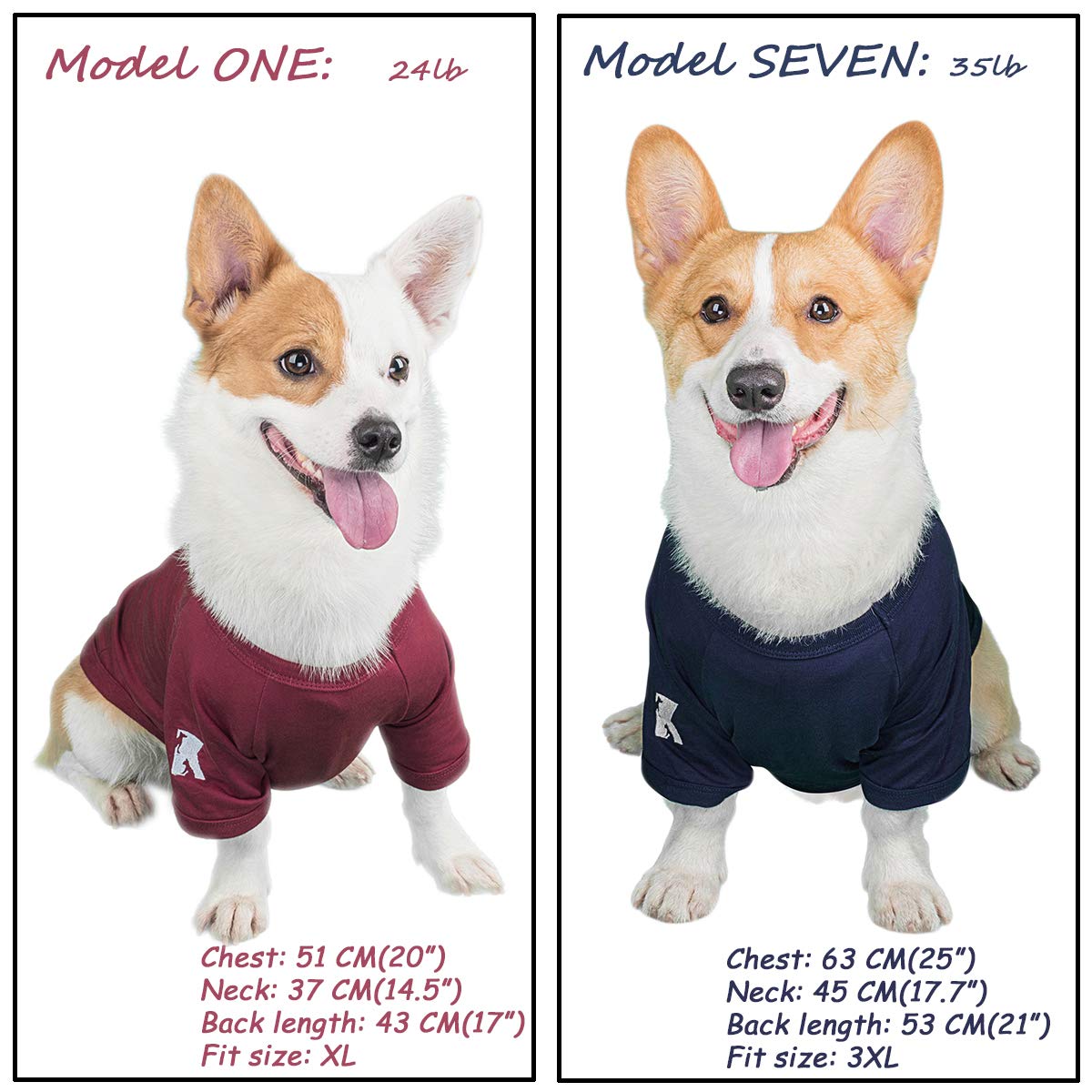 Koneseve dog shirt size chart close-up helps proper fitting