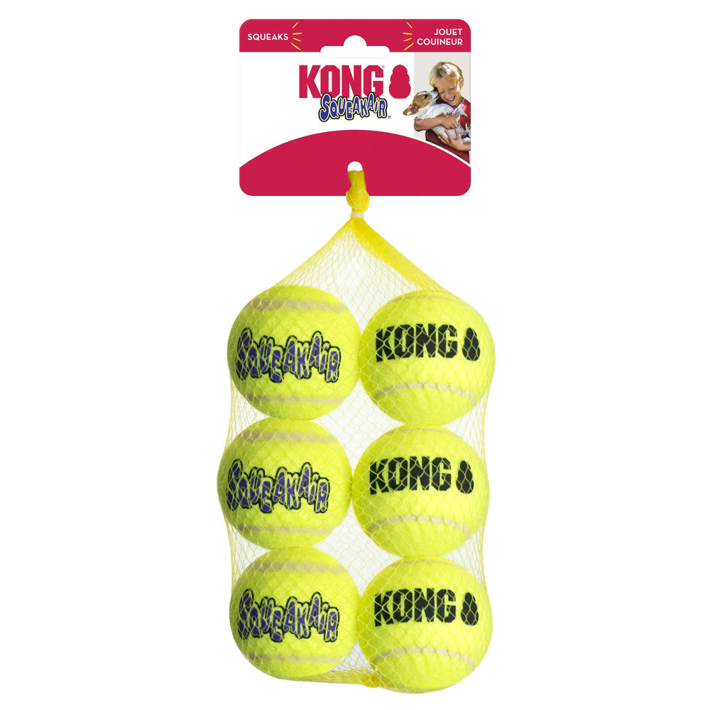 KONG Air SqueakAir ball front view; non-abrasive felt protects teeth during fetch.