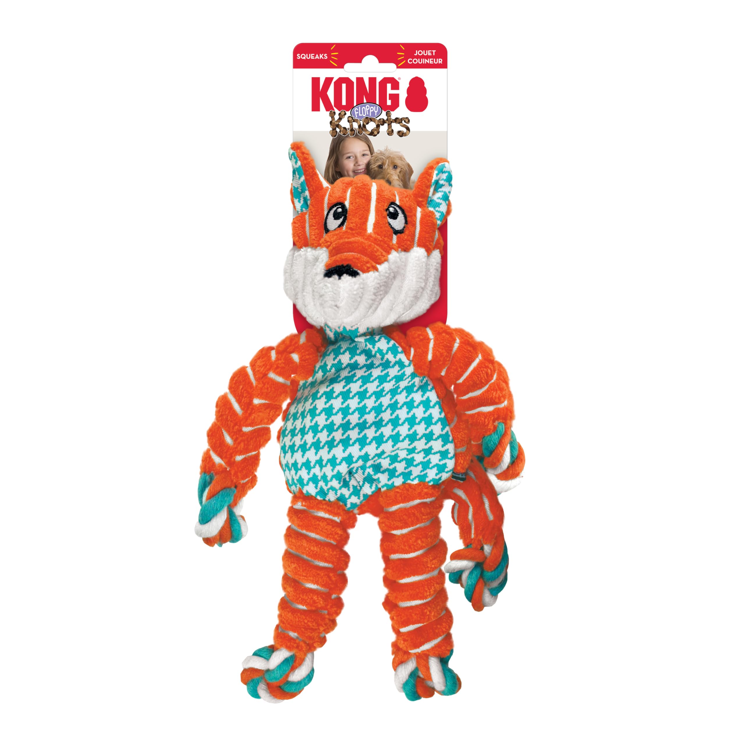 KONG Floppy Knots showing textured squeakers for active fetch and tug.