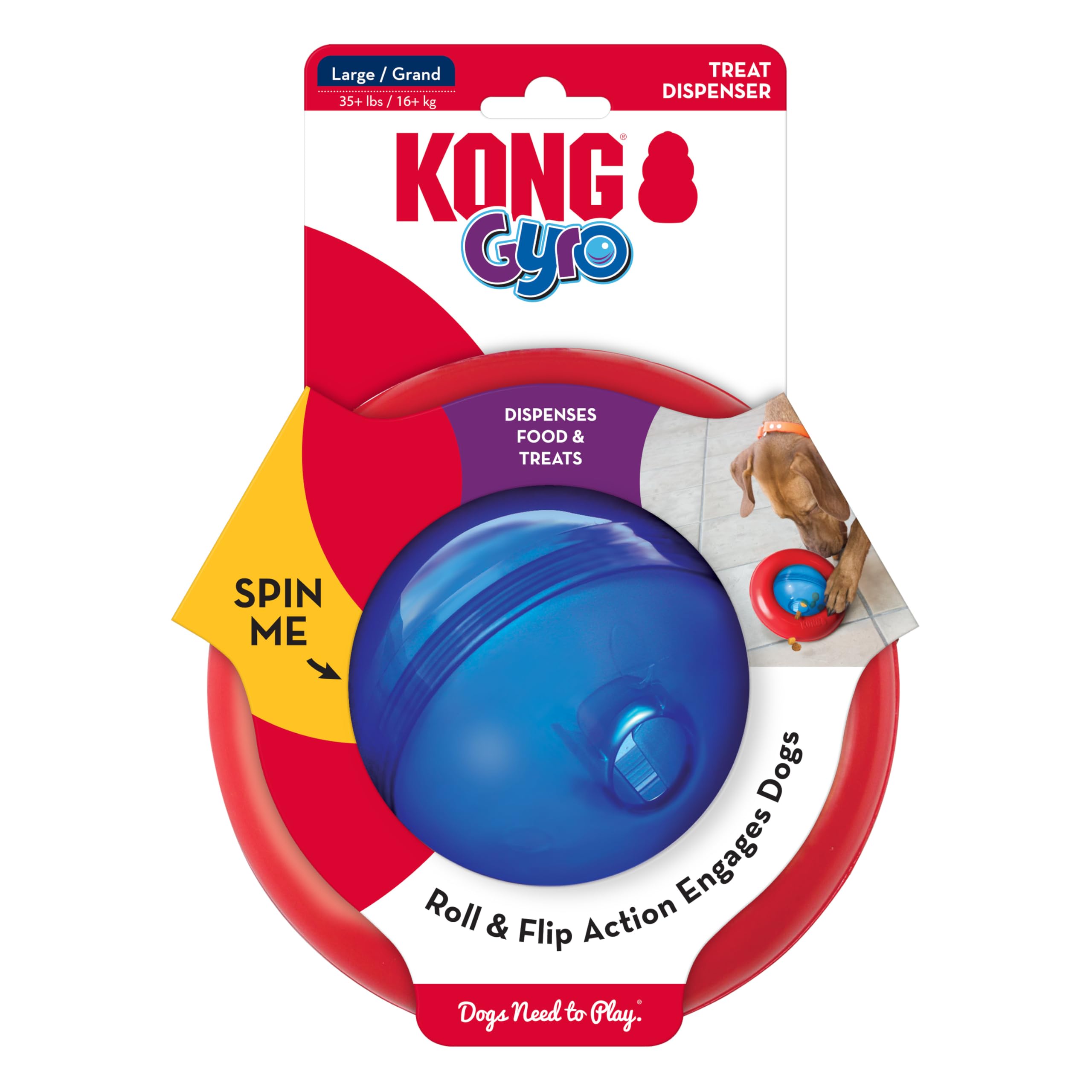 KONG Gyro with roll action invites pets to play and earn treats.