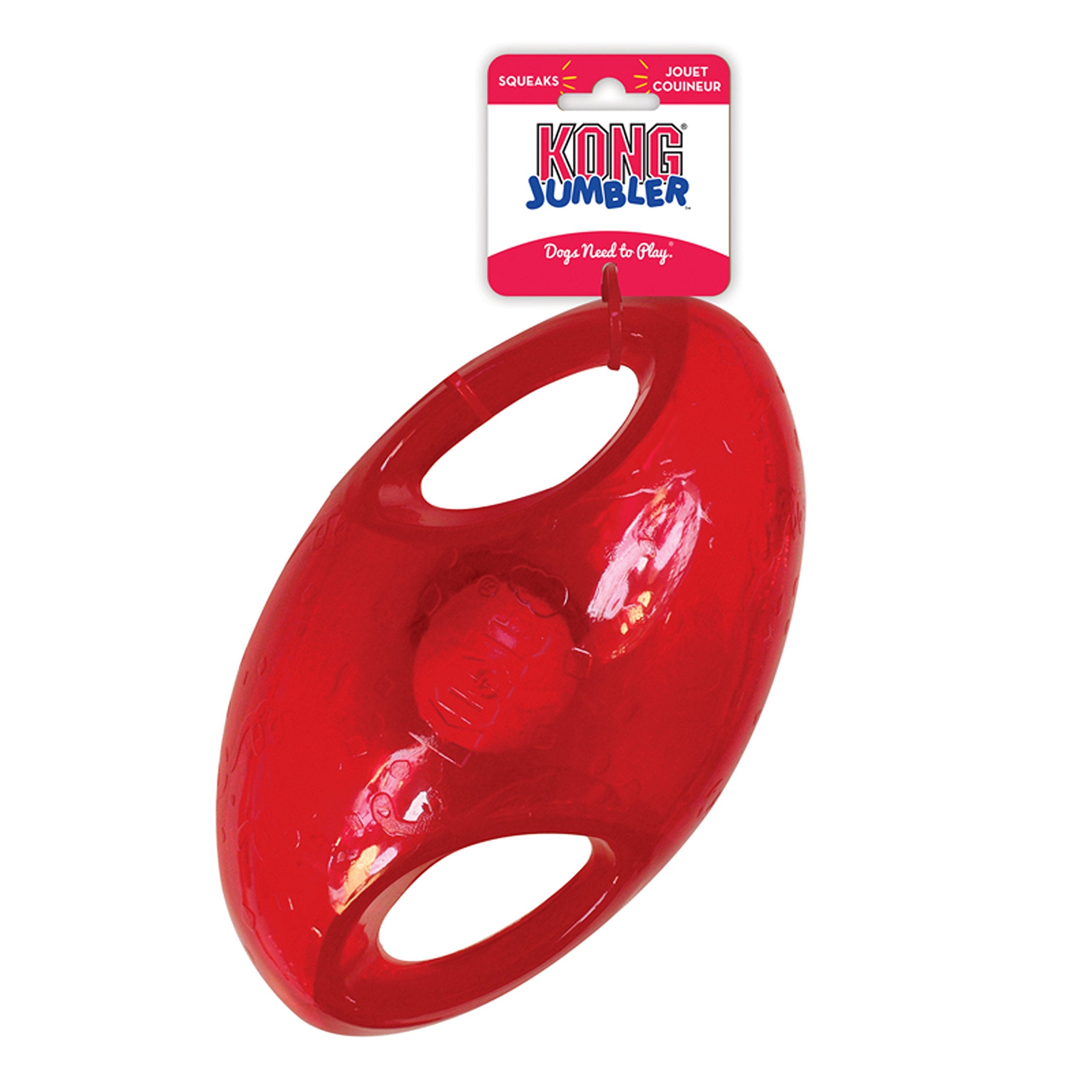 KONG Jumbler squeaker adds engaging sound during play sessions.