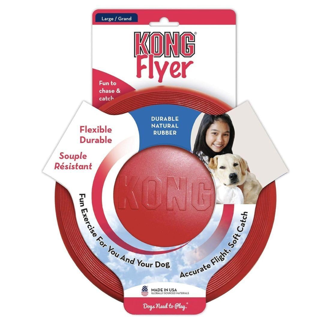 KONG Rubber Flyer large 2-pack red, close-up rubber texture for chew-safe play.