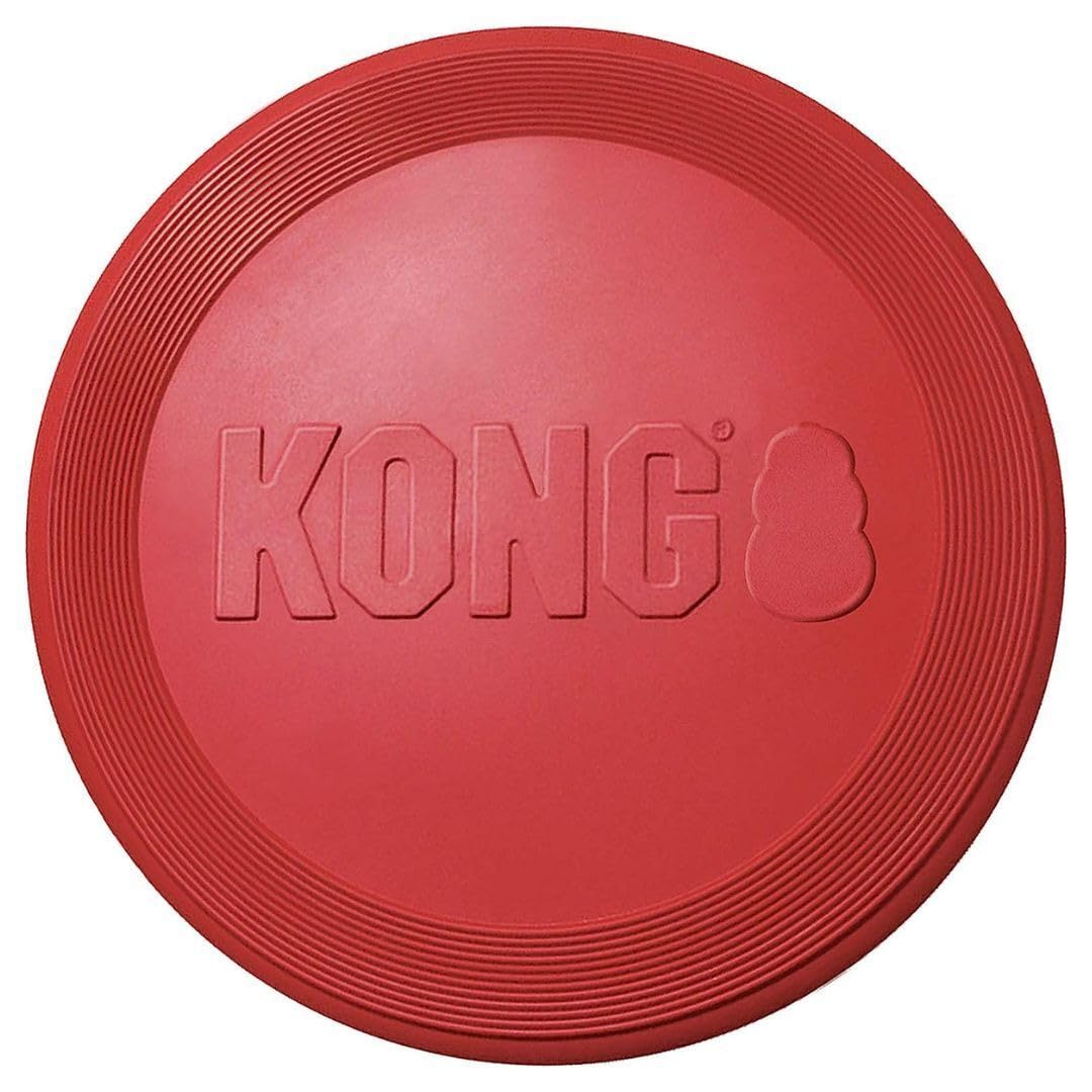KONG Rubber Flyer large 2-pack red, dog in action catching mid-air play.