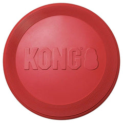 KONG Rubber Flyer large 2-pack red, dog in action catching mid-air play.