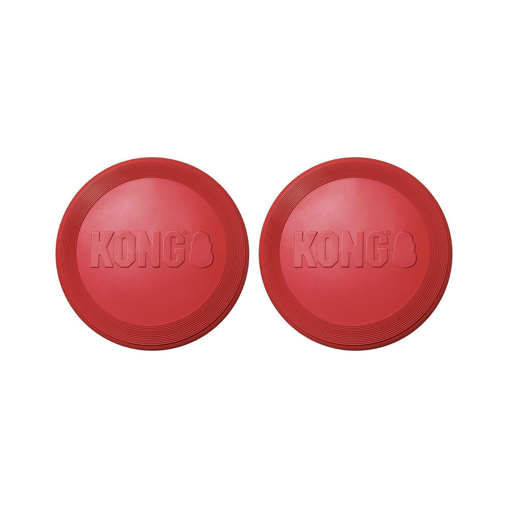 KONG Rubber Flyer large 2-pack red front view, durable fetch toy for dogs.