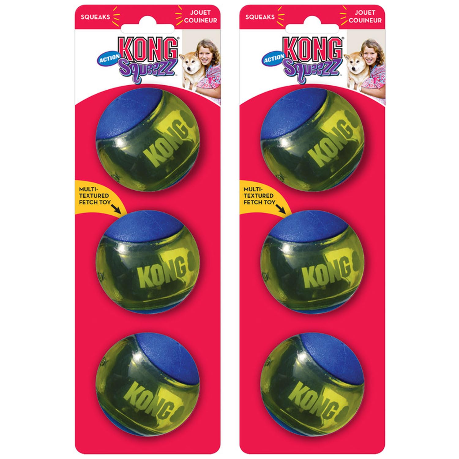 KONG Squeezz Action Ball blue 6-pack, durable fetch toy for active dogs.