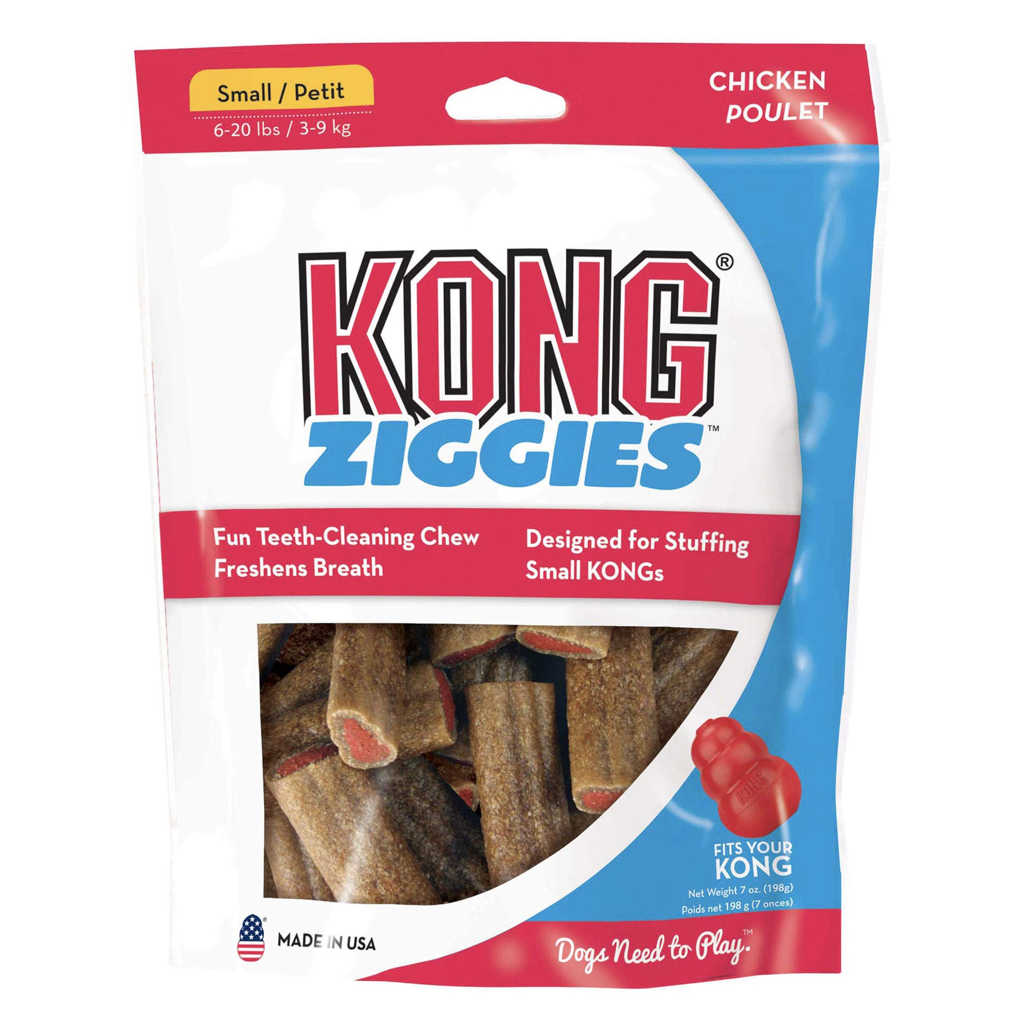 KONG Ziggies chicken flavor for small dogs in a 7 oz package.