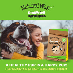 Konsyl Digestive Happiness dog food topper being stirred into kibble for regularity.