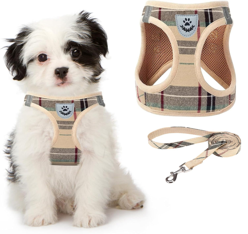 KOOLTAIL dog harness plaid beige front view for everyday walks