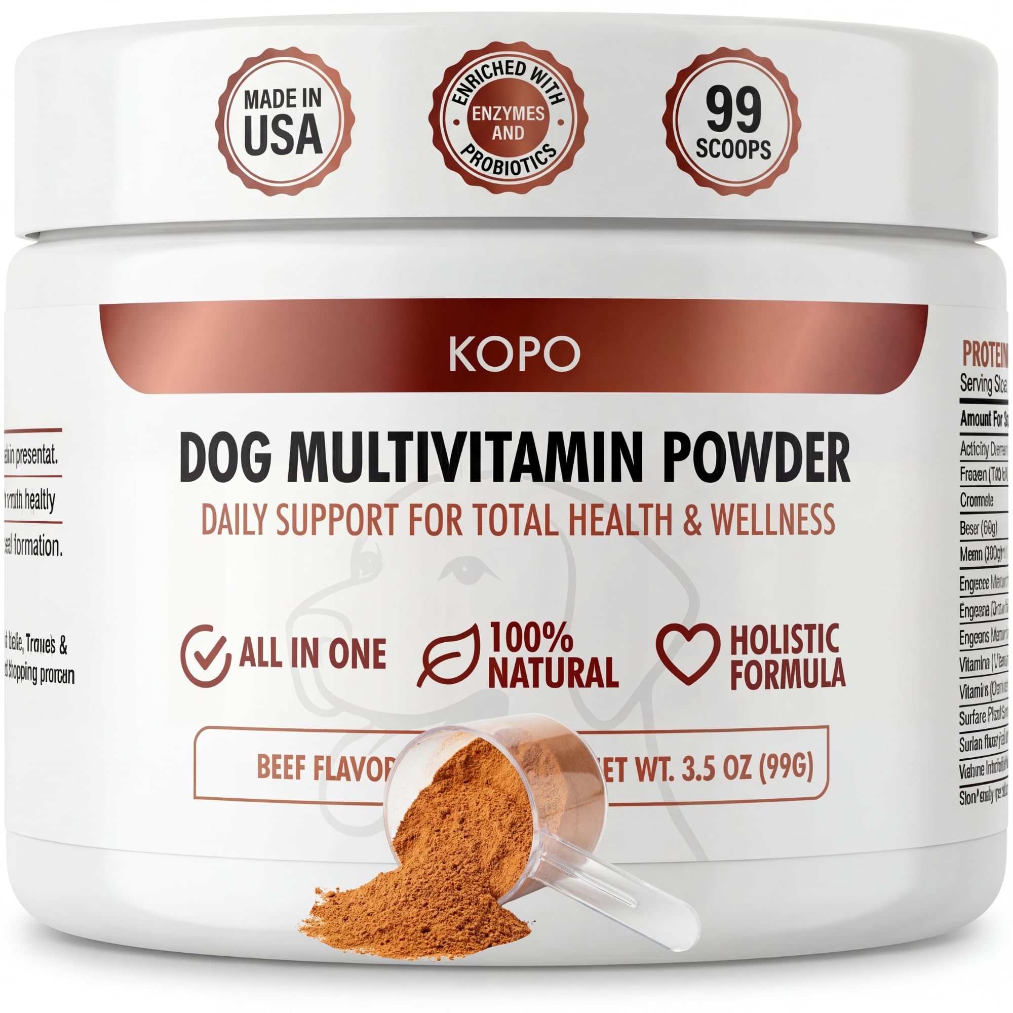 Kopo Dog Multivitamin Powder bottle label highlighting all-in-one daily support.