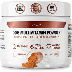 Kopo Dog Multivitamin Powder bottle label highlighting all-in-one daily support.