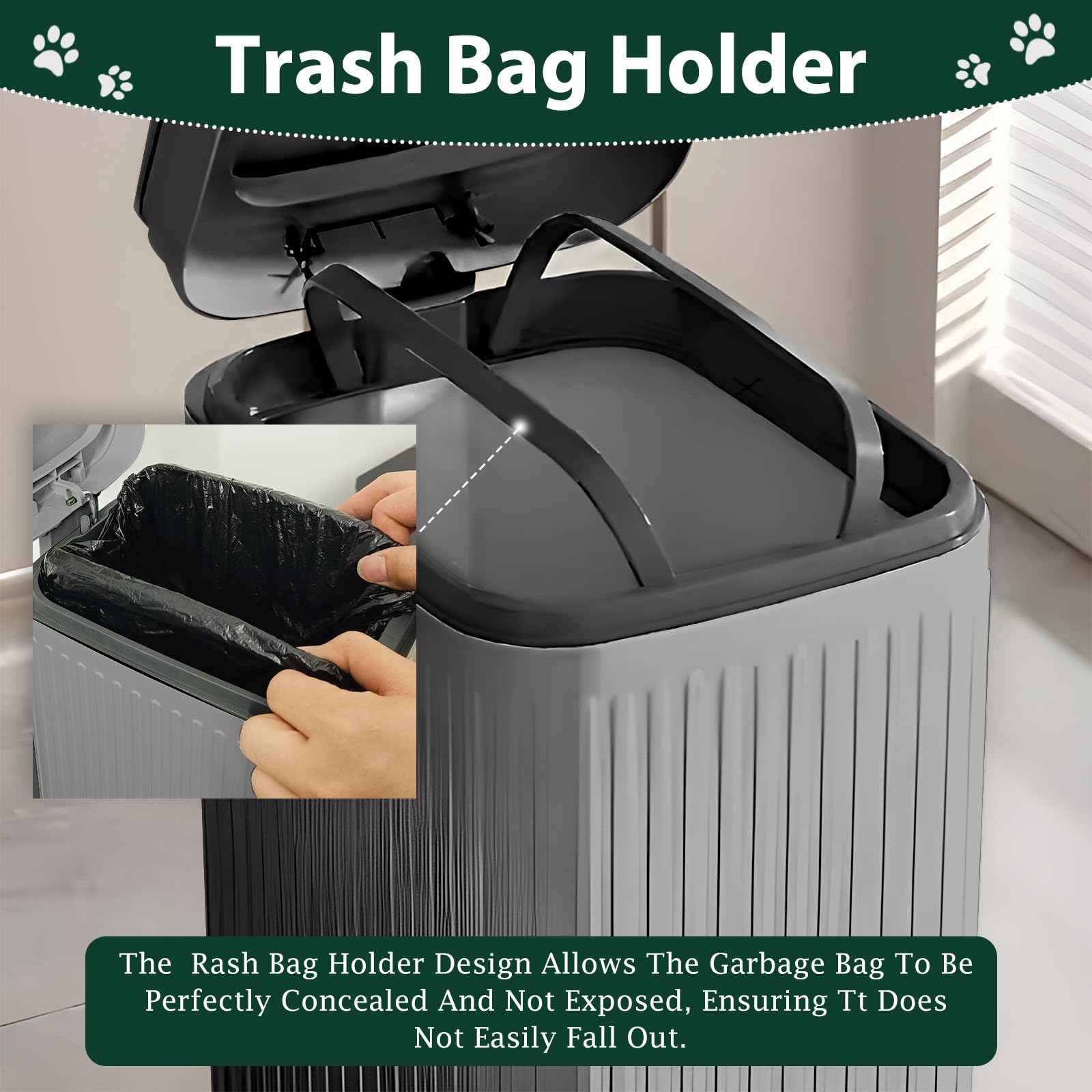 Kopuncare trash bag holder secures bags during waste disposal.