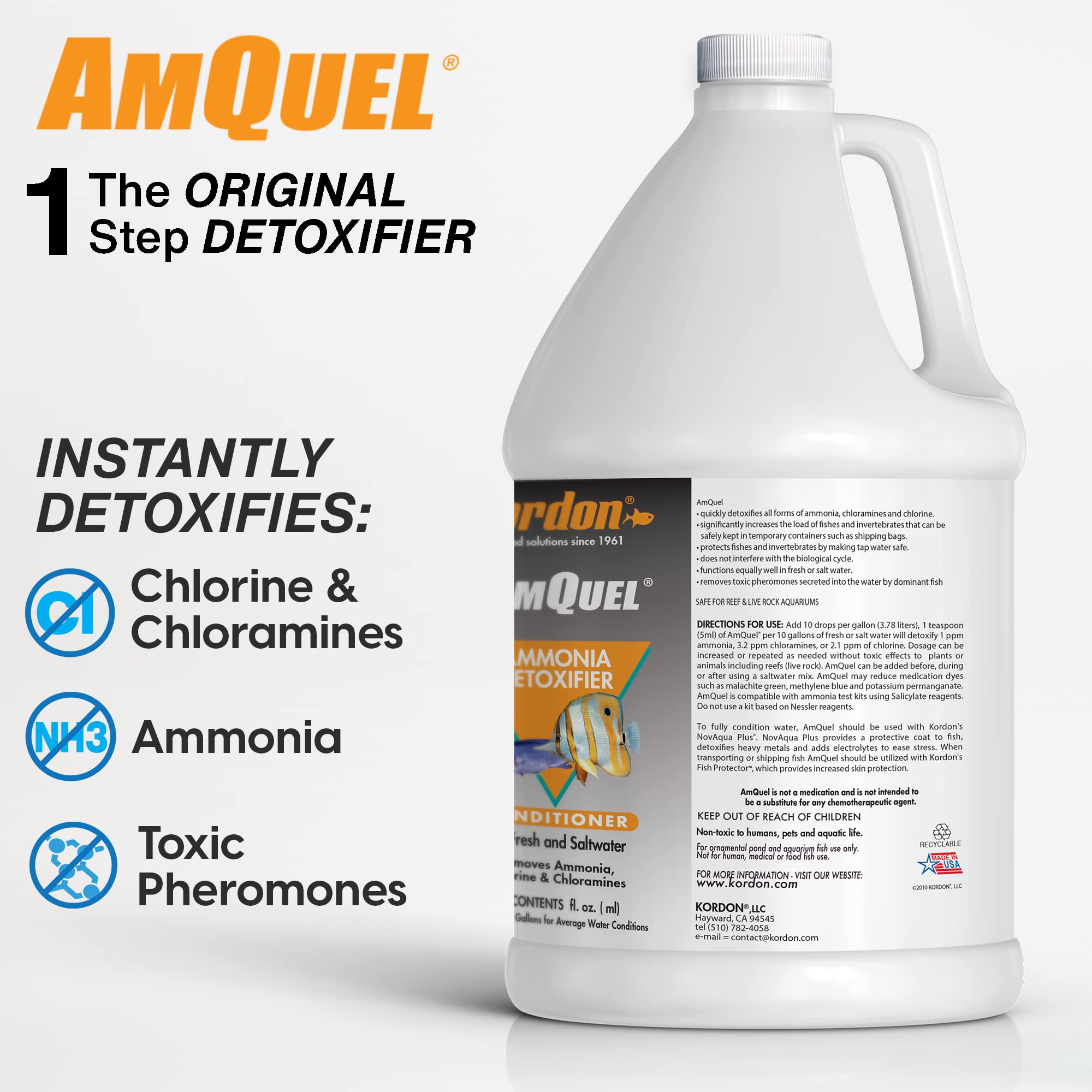 Kordon Amquel bottle pour demonstrates fast dosing for chlorine and ammonia detox in tanks.