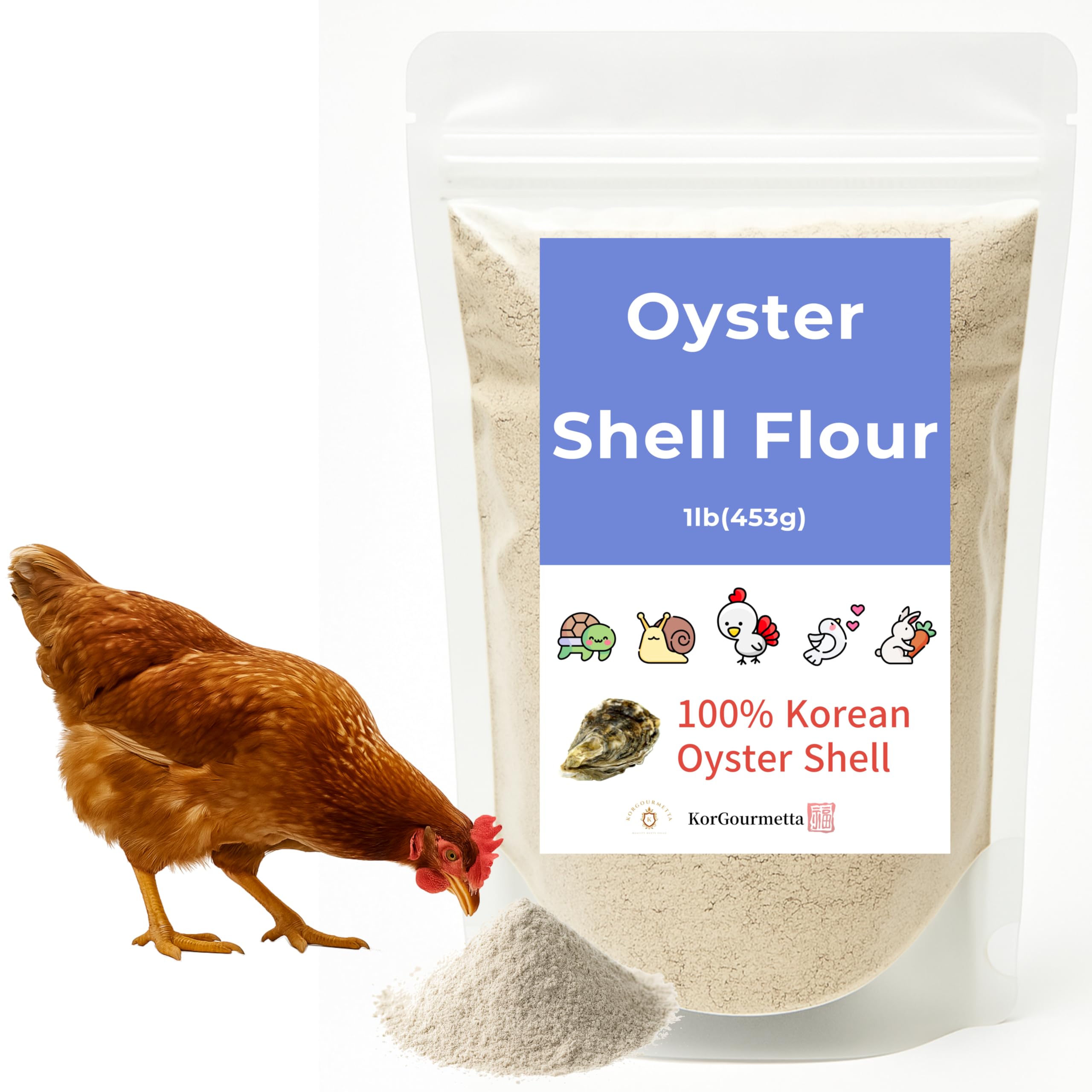 KorGourmetta oyster shell flour 4.4lb packaging for easy feed mixing.