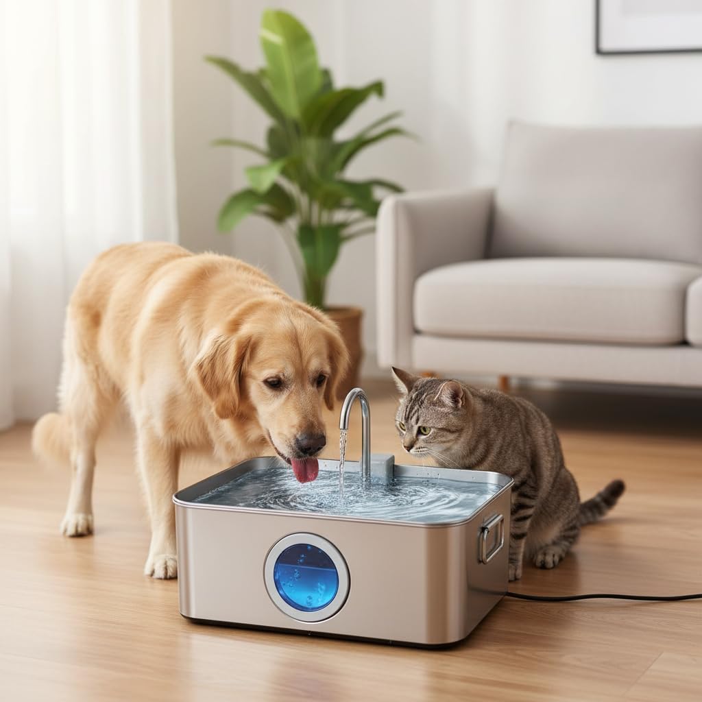 Kospetsin filtered water flowing into a large dog bowl.