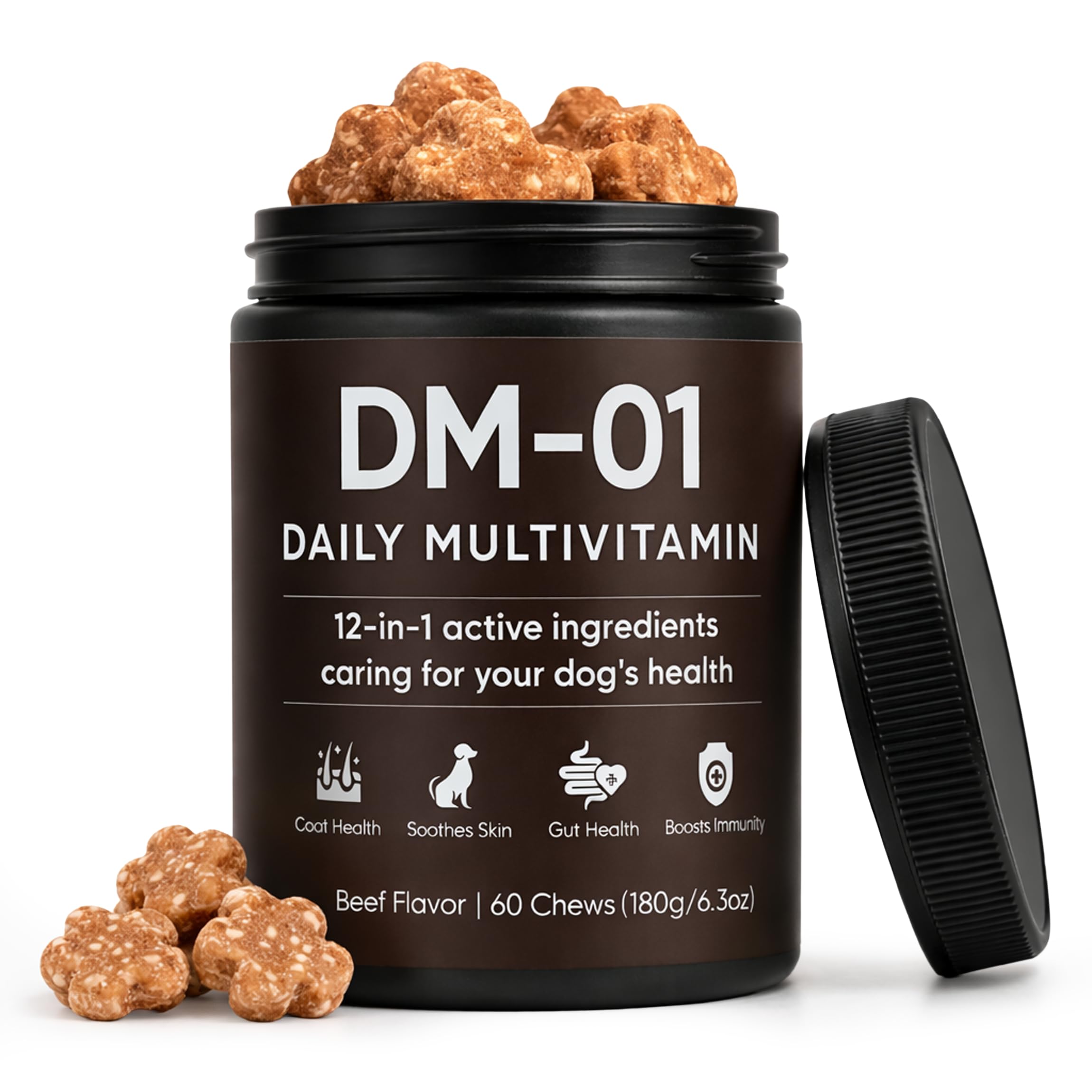 KOVGOCY DM-01 dog multivitamin bottle supports daily wellness with easy dosing.