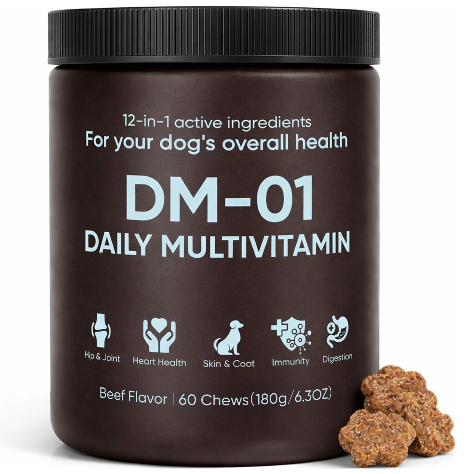 KOVGOCY DM-01 packaging and soft chews highlighting daily canine nutrition