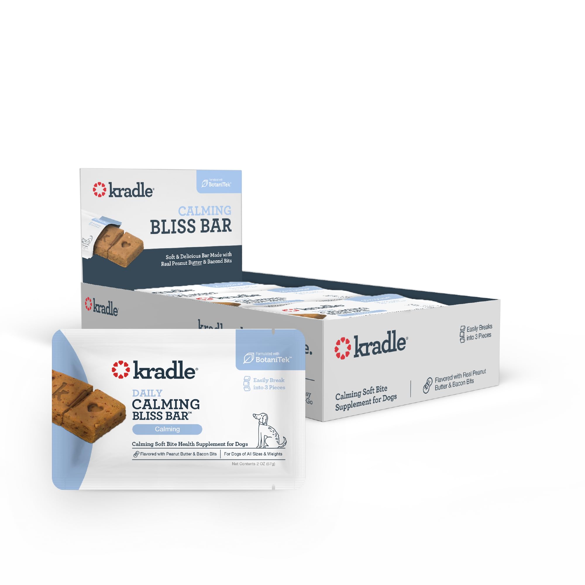 Kradle Bliss Bars dog peanut butter bacon — a tasty calm-support treat.