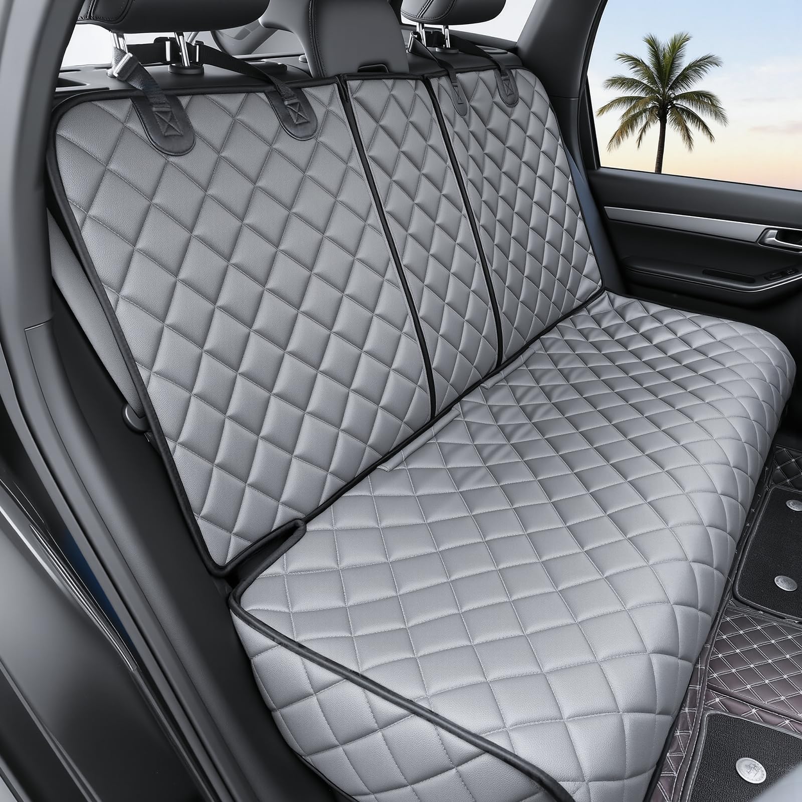KritterKorner dog car seat cover on back seat in grey protects upholstery from dirt and hair