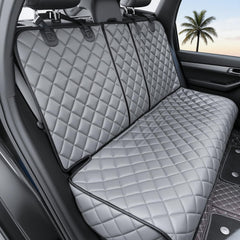 KritterKorner dog car seat cover on back seat in grey protects upholstery from dirt and hair