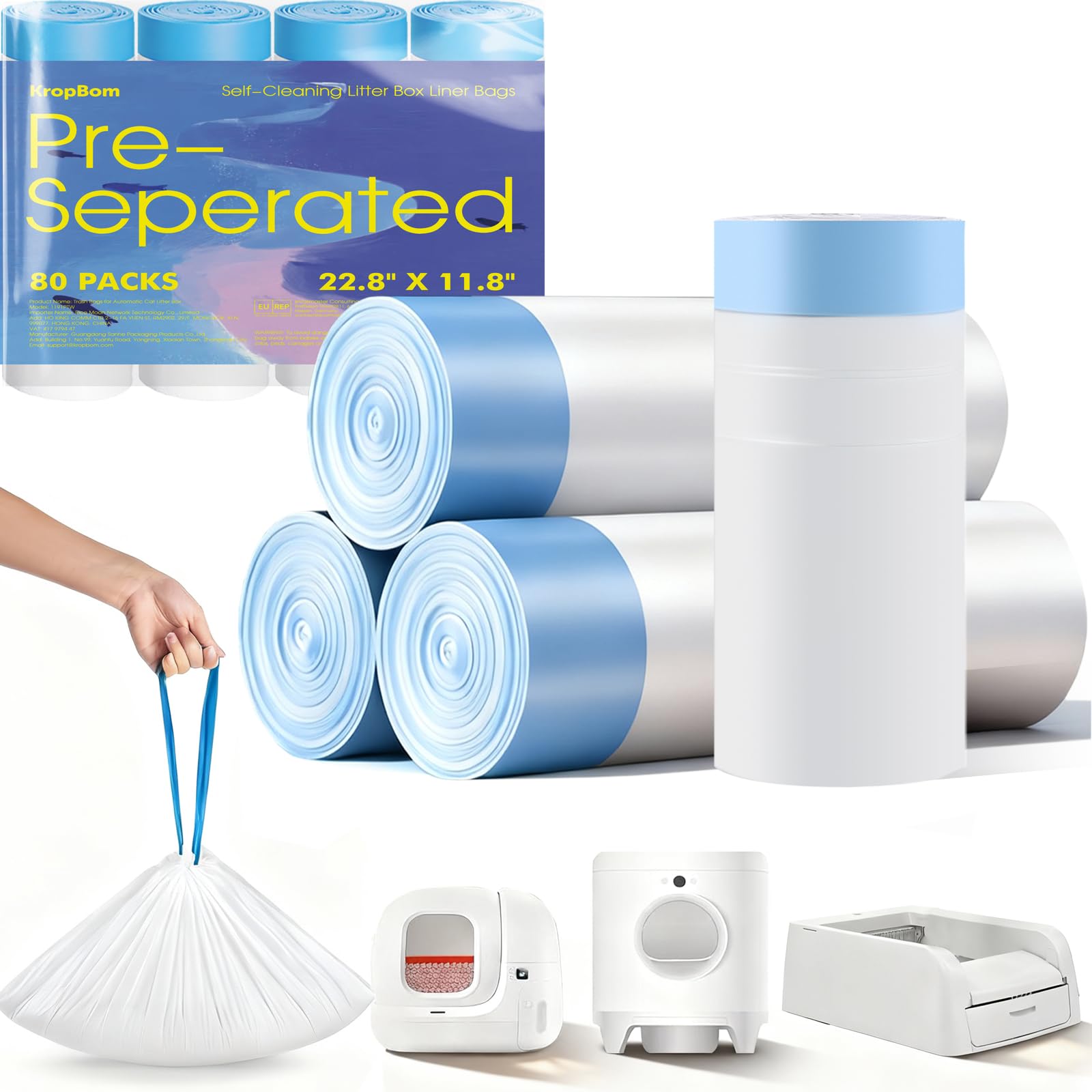 KropBom 80-count bags for automatic litter box disposal, quick and tidy.