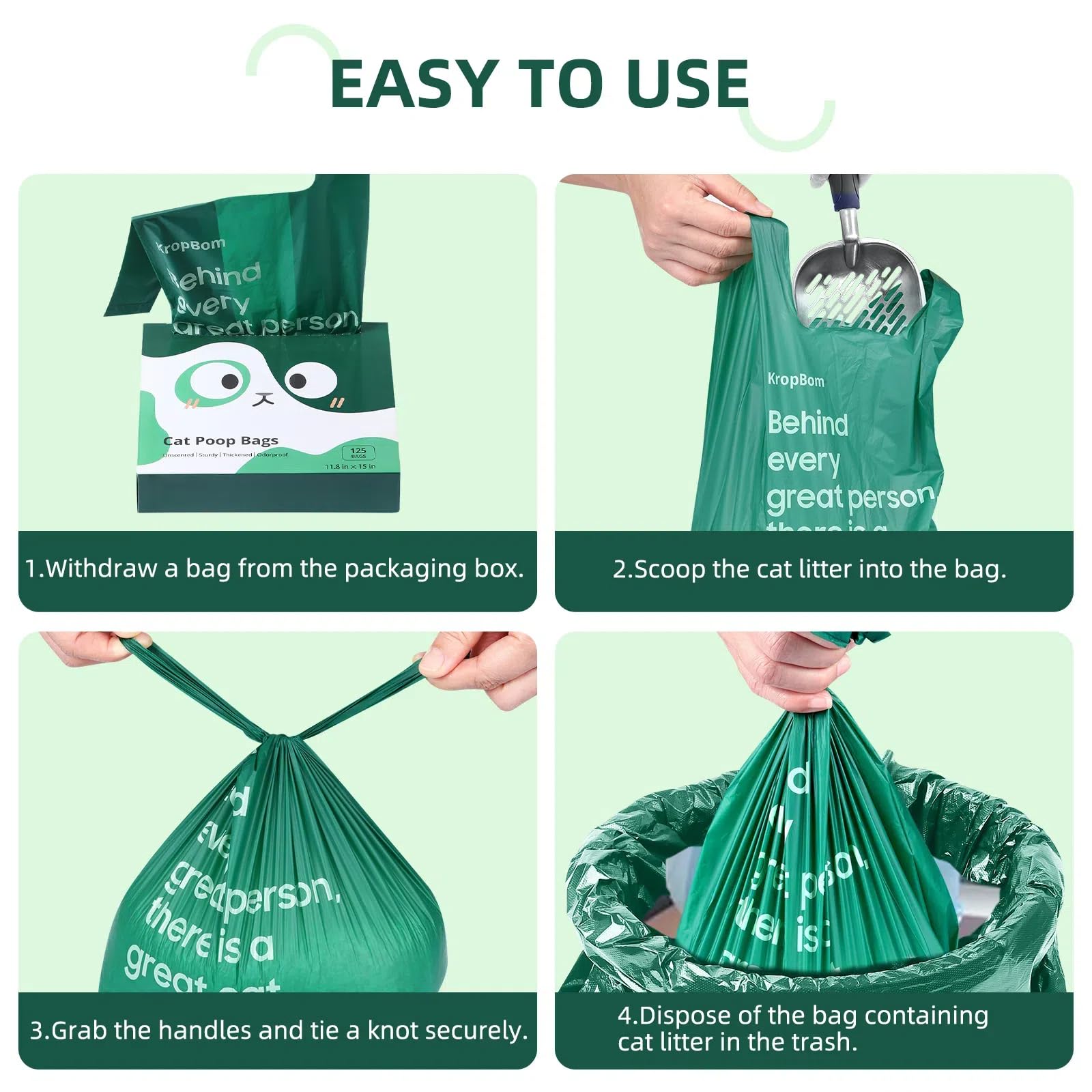 KropBom unscented litter bags for discreet, stress-free cleanup.