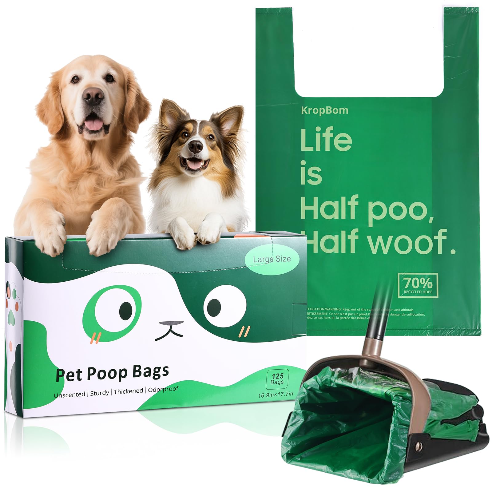 KropBom extra-large bags provide leakproof containment for big dog messes.
