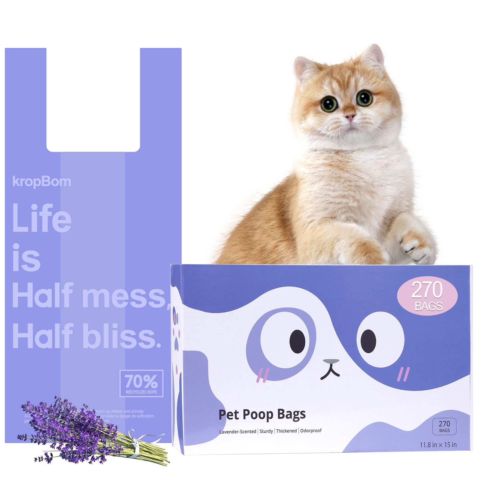 KropBom lavender-scented cat litter bags with handles for easy cleanup.