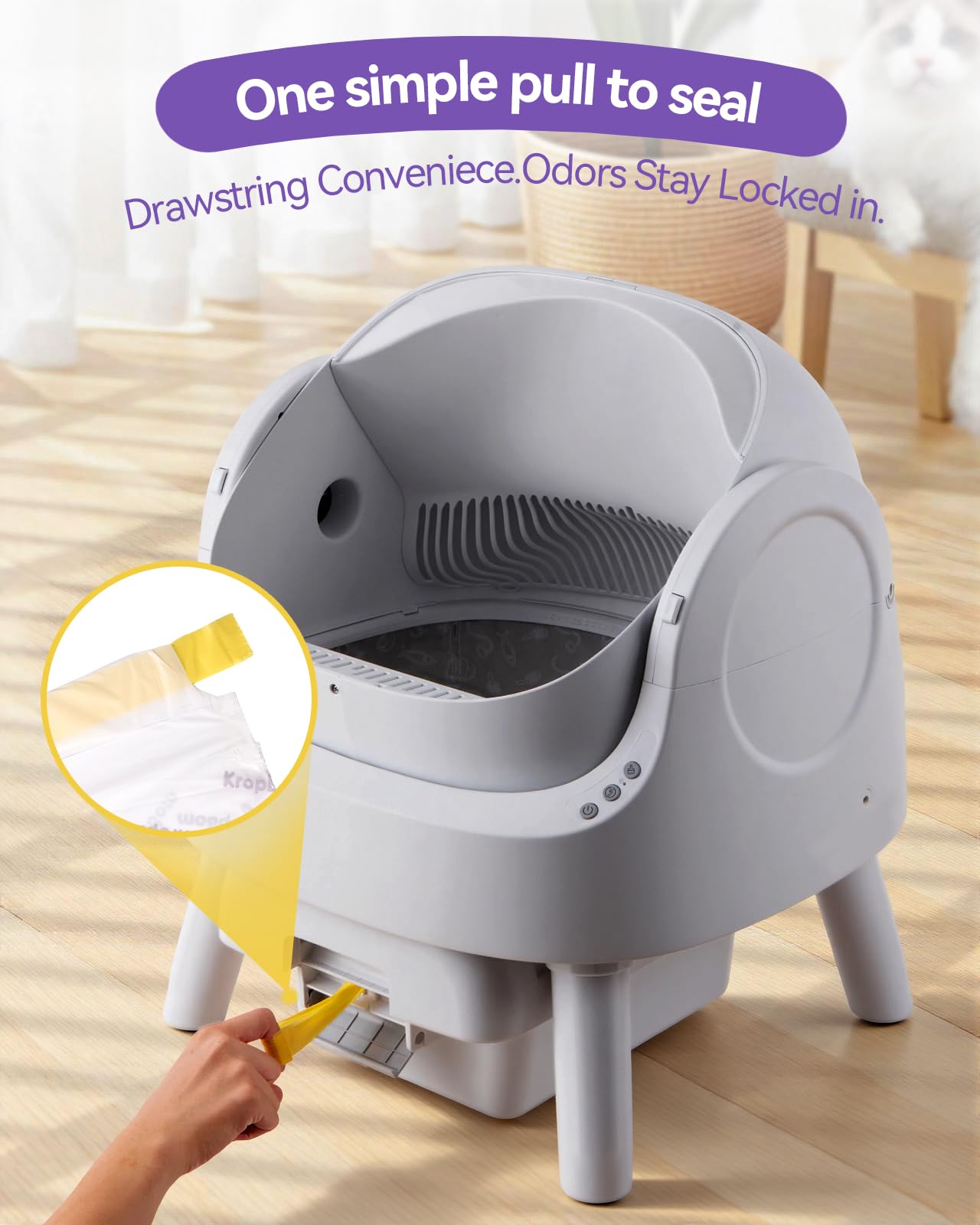 KropBom litter bag with drawstring shown in setup, ready to seal odors.