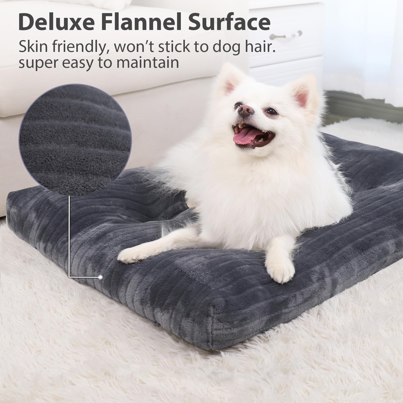 KSIIA dog crate bed flannel surface close-up reveals soft fabric.